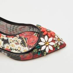 Pre Owned Dolce & Gabbana Black Patent Leather and Printed Mesh Flower Embellished Slingback Pumps Size 38.5