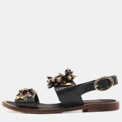 Pre Owned Dolce & Gabbana Black Lizard Leather Crystal Embellished Slingback Flat Sandals Size 38