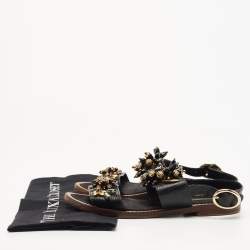 Pre Owned Dolce & Gabbana Black Lizard Leather Crystal Embellished Slingback Flat Sandals Size 38