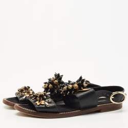 Pre Owned Dolce & Gabbana Black Lizard Leather Crystal Embellished Slingback Flat Sandals Size 38