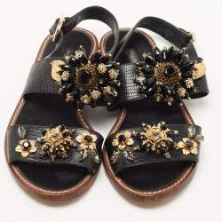 Pre Owned Dolce & Gabbana Black Lizard Leather Crystal Embellished Slingback Flat Sandals Size 38