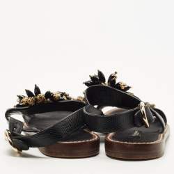 Pre Owned Dolce & Gabbana Black Lizard Leather Crystal Embellished Slingback Flat Sandals Size 38