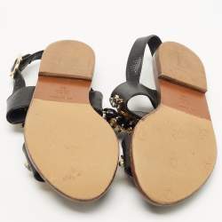 Pre Owned Dolce & Gabbana Black Lizard Leather Crystal Embellished Slingback Flat Sandals Size 38