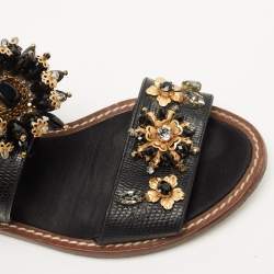 Pre Owned Dolce & Gabbana Black Lizard Leather Crystal Embellished Slingback Flat Sandals Size 38