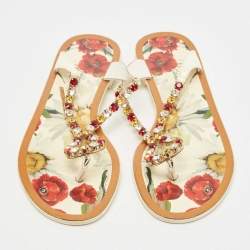 Pre Owned Dolce & Gabbana Cream Patent Leather Crystal Embellished Thong Flats Size 39