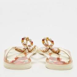 Pre Owned Dolce & Gabbana Cream Patent Leather Crystal Embellished Thong Flats Size 39