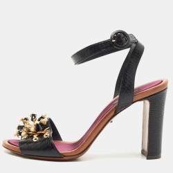 Pre Owned Dolce & Gabbana Black Lizard Embossed Leather Embellished Block Heel Ankle Strap Sandals Size 39.5