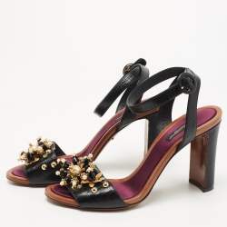 Pre Owned Dolce & Gabbana Black Lizard Embossed Leather Embellished Block Heel Ankle Strap Sandals Size 39.5