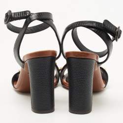 Pre Owned Dolce & Gabbana Black Lizard Embossed Leather Embellished Block Heel Ankle Strap Sandals Size 39.5