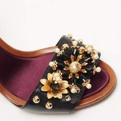 Pre Owned Dolce & Gabbana Black Lizard Embossed Leather Embellished Block Heel Ankle Strap Sandals Size 39.5