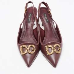 Pre Owned Dolce & Gabbana Burgundy Leather DG Amore Logo Embellished Slingback Sandals Size 38.5