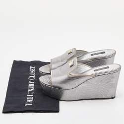 Pre Owned Dolce & Gabbana Silver Embossed Lizard Leather Peep Toe Mules Size 37
