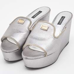 Pre Owned Dolce & Gabbana Silver Embossed Lizard Leather Peep Toe Mules Size 37