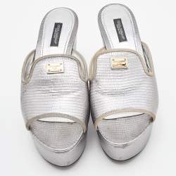 Pre Owned Dolce & Gabbana Silver Embossed Lizard Leather Peep Toe Mules Size 37