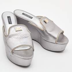 Pre Owned Dolce & Gabbana Silver Embossed Lizard Leather Peep Toe Mules Size 37