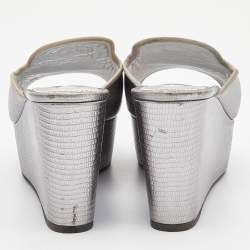 Pre Owned Dolce & Gabbana Silver Embossed Lizard Leather Peep Toe Mules Size 37