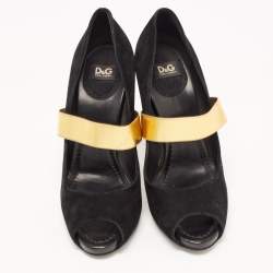 Dolce & Gabbana Black/Gold Suede and Elastic Band Mary Jane Peep Toe Pumps Size 39