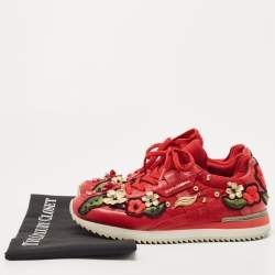 مملوكة مسبقًا Dolce & Gabbana Red Leather and Fabric Flower Embellished Trainers Sneakers Size 36