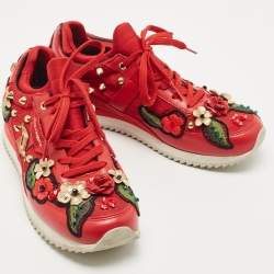 مملوكة مسبقًا Dolce & Gabbana Red Leather and Fabric Flower Embellished Trainers Sneakers Size 36