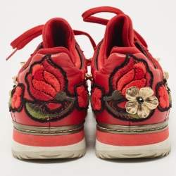 مملوكة مسبقًا Dolce & Gabbana Red Leather and Fabric Flower Embellished Trainers Sneakers Size 36
