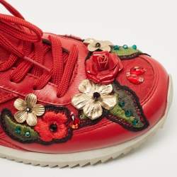 مملوكة مسبقًا Dolce & Gabbana Red Leather and Fabric Flower Embellished Trainers Sneakers Size 36