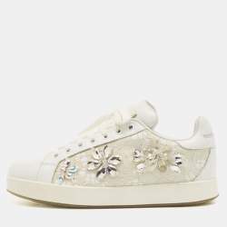 Pre Owned Dolce & Gabbana White Leather and Lace Crystal Embellished Low Top Sneakers Size 37