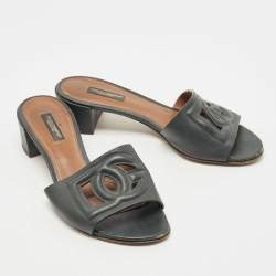 مملوكة مسبقًا Dolce & Gabbana Dark Green Leather DG Cut Out Slide Sandals Size 36