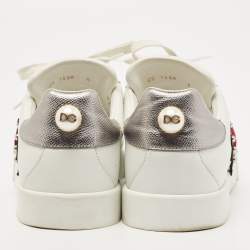 Pre Owned Dolce & Gabbana White Leather Portofino Pearl Embellished Low Top Sneakers Size 39