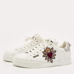 Pre Owned Dolce & Gabbana White Leather Portofino Pearl Embellished Low Top Sneakers Size 39
