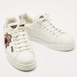 Pre Owned Dolce & Gabbana White Leather Portofino Pearl Embellished Low Top Sneakers Size 39