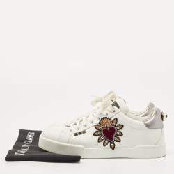 Pre Owned Dolce & Gabbana White Leather Portofino Pearl Embellished Low Top Sneakers Size 39