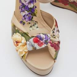 Pre Owned Dolce & Gabbana Multicolor Floral Print Leather Knot Wedge Sandals Size 36