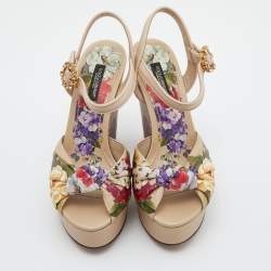 Pre Owned Dolce & Gabbana Multicolor Floral Print Leather Knot Wedge Sandals Size 36