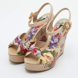 Pre Owned Dolce & Gabbana Multicolor Floral Print Leather Knot Wedge Sandals Size 36