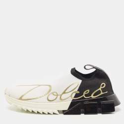 Pre Owned Dolce & Gabbana White /Black Knit Fabric Sorrento Slip on Sneakers Size 37.5