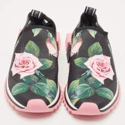 Pre Owned Dolce & Gabbana Black Knit Fabric Tropical Rose Print Sorrento  Slip On Sneakers Size 38.5