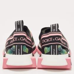 Pre Owned Dolce & Gabbana Black Knit Fabric Tropical Rose Print Sorrento  Slip On Sneakers Size 38.5