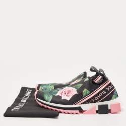 Pre Owned Dolce & Gabbana Black Knit Fabric Tropical Rose Print Sorrento  Slip On Sneakers Size 38.5