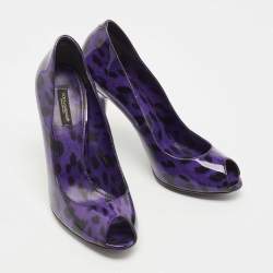 Dolce & Gabbana Purple/Black Animal Print Patent Leather Peep Toe Pumps Size 38.5