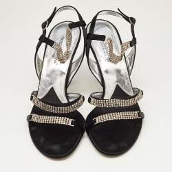 Pre Owned Dolce & Gabbana Black Satin Crystal Embellished Chain Ankle Strap Sandals Size 40
