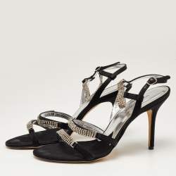 Pre Owned Dolce & Gabbana Black Satin Crystal Embellished Chain Ankle Strap Sandals Size 40