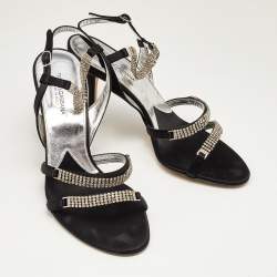 Pre Owned Dolce & Gabbana Black Satin Crystal Embellished Chain Ankle Strap Sandals Size 40