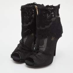 Pre Owned Dolce & Gabbana Black Lace and Mesh Peep Toe Booties Size 37.5