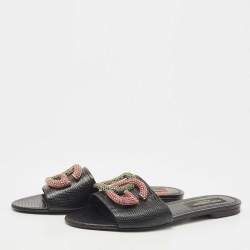 Pre Owned Dolce & Gabbana Black Lizard Embossed Leather Crystal Embellished DG Flat Slides Size 40