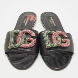 Pre Owned Dolce & Gabbana Black Lizard Embossed Leather Crystal Embellished DG Flat Slides Size 40