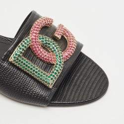 Pre Owned Dolce & Gabbana Black Lizard Embossed Leather Crystal Embellished DG Flat Slides Size 40