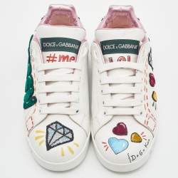 Pre Owned Dolce & Gabbana White Leather Portofino Forever Queen Patch and Embroidery Sneakers Size 38