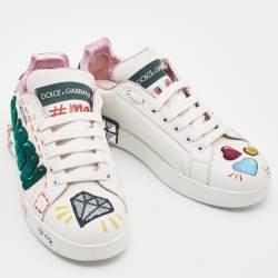Pre Owned Dolce & Gabbana White Leather Portofino Forever Queen Patch and Embroidery Sneakers Size 38