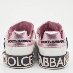 Pre Owned Dolce & Gabbana White Leather Portofino Forever Queen Patch and Embroidery Sneakers Size 38