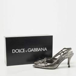 Pre Owned Dolce & Gabbana Metallic Silver Python Bow Slingback Pumps Size 36.5